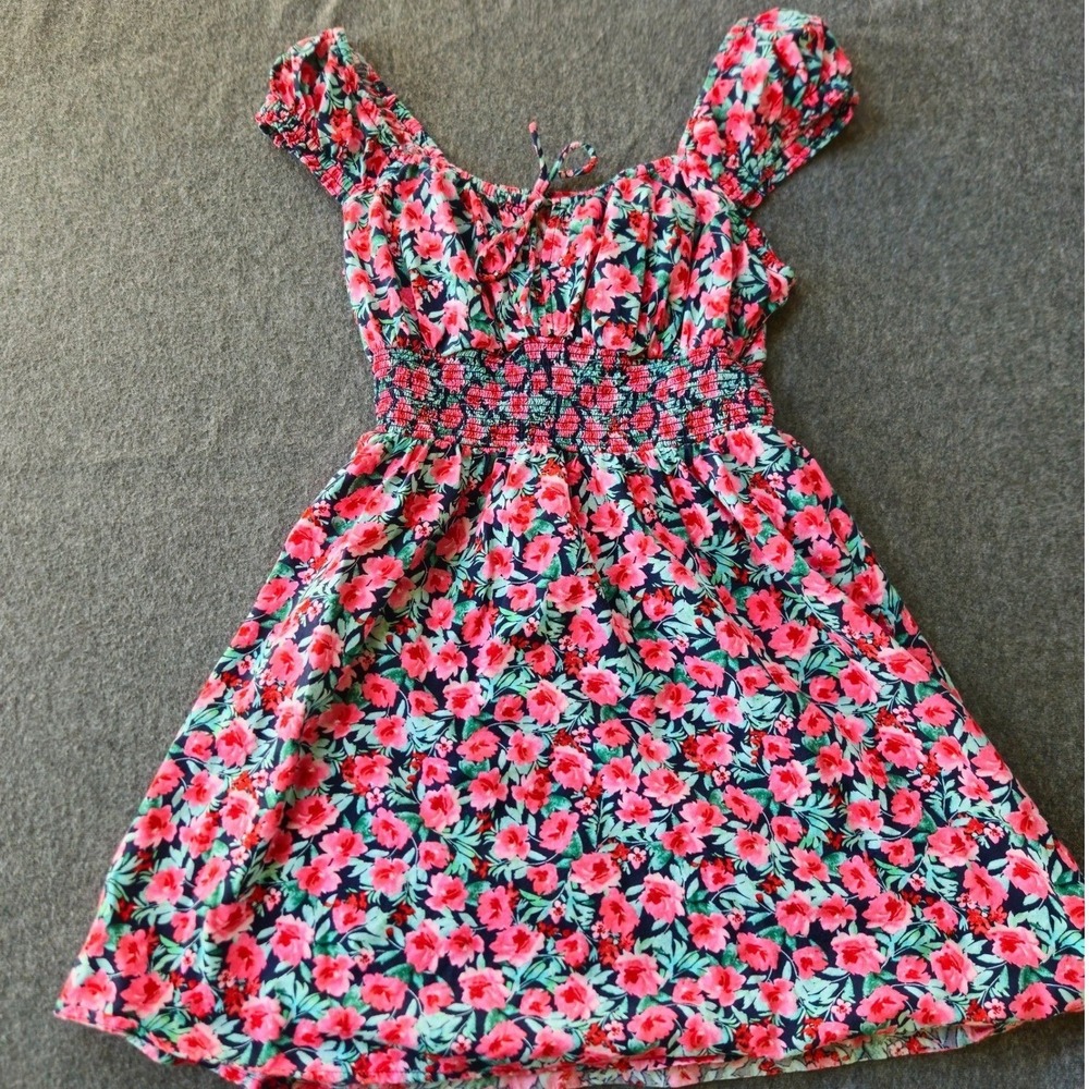 Old Navy Womens XS Floral Smocked Waist Mini Dress Pink Teal Cottage Milkmaid - Picture 1 of 7